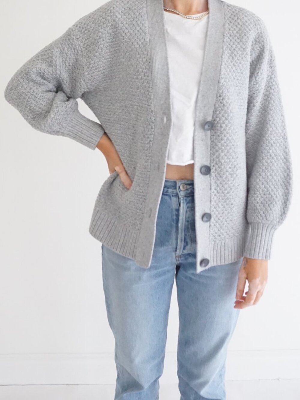 Denver Hayes Grey Textured Waffle Knit Button Front Rib Trim Pocket Cardigan L